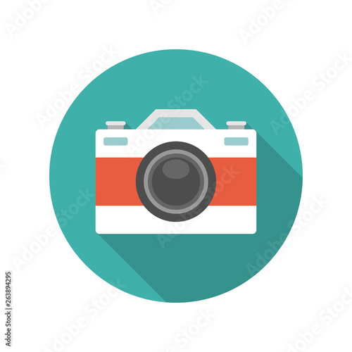 Flat Photographer Professional Retro Photo Camera icon design and long shadow vector illustration