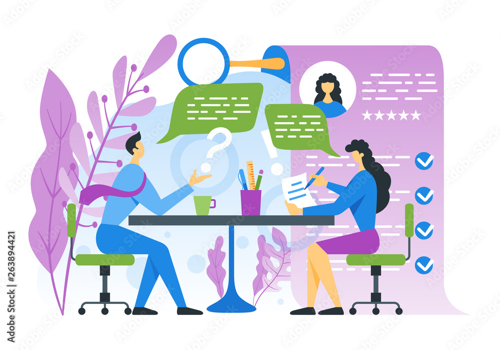 Obraz premium Job interview concept. Clerk interview a woman before being hired. Vector flat illustration