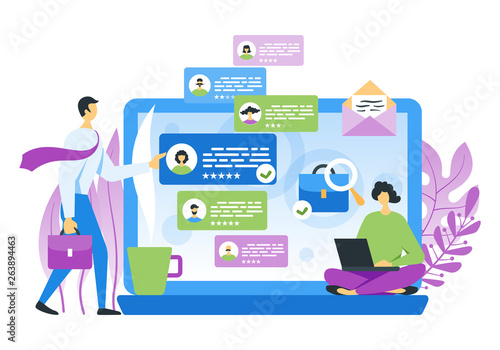 Job search concept. woman looking for work on the Internet. Vector flat illustration