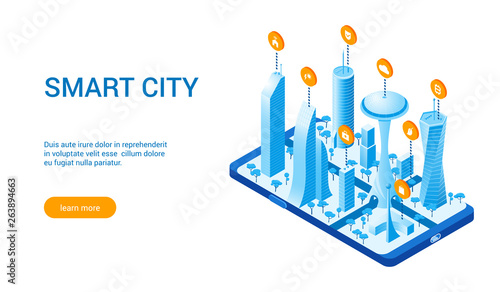 Isometric template for smart cityscape. Vector illustration of city with buildings, cars and trees