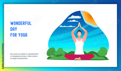 Young woman doing yoga in nature. Wonderful day for yoga. Modern vector illustration