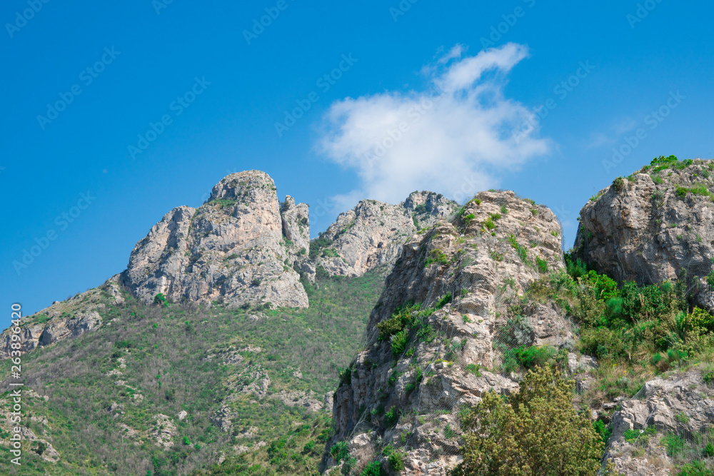 mountains on the Amalfi Coast, Italy. Blue sky, space for text