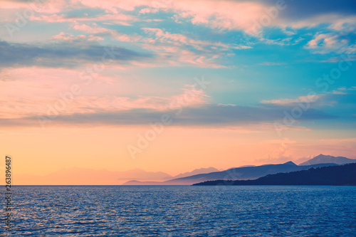 View of the sunset in Albania. The Ionian Sea.