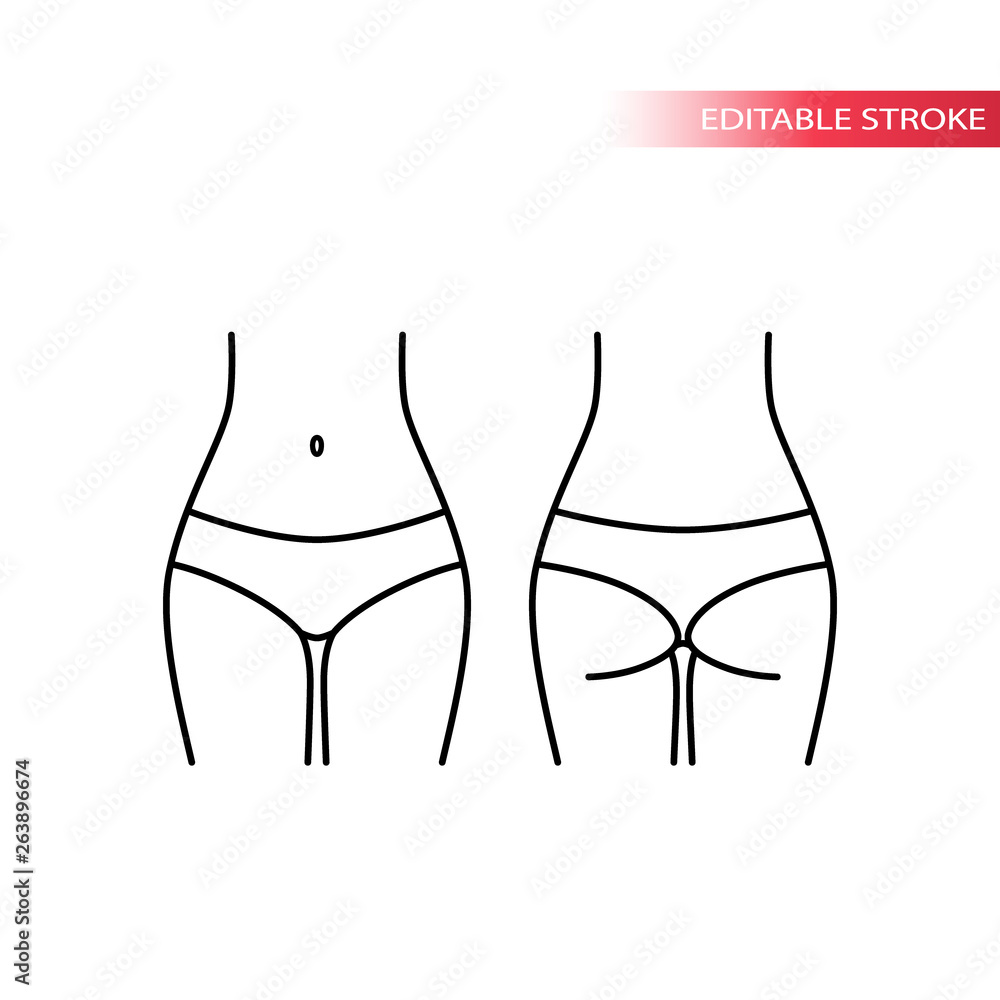 Woman figure, front and back, belly and buttocks line vector illustration.  Female fit slim body, hips, waist and backside. Stock Vector