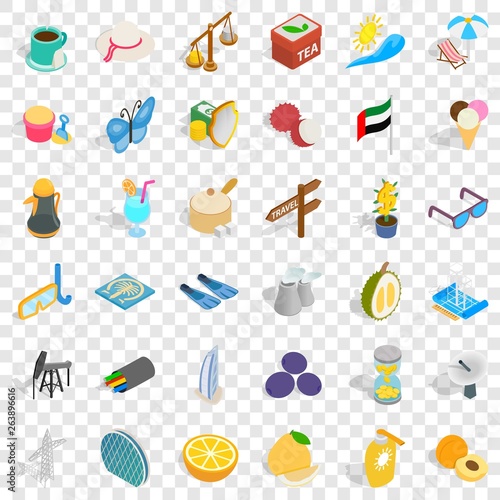Travel in emirates icons set. Isometric style of 36 travel in emirates vector icons for web for any design