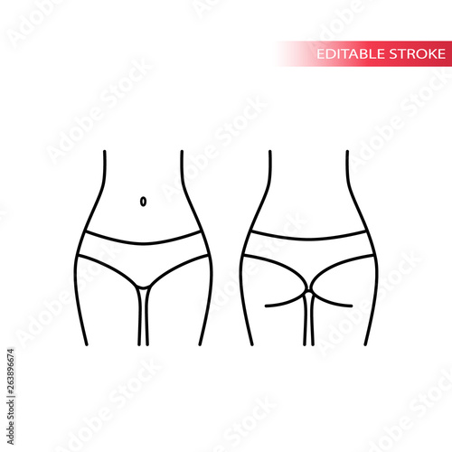 Woman figure, front and back, belly and buttocks line vector illustration. Female fit slim body, hips, waist and backside.
