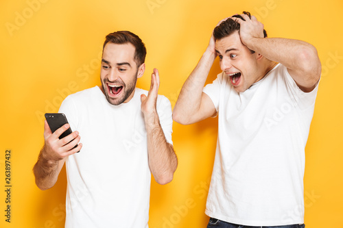 Two cheerful excited men friends wearing blank t-shirts