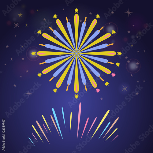 Colorful fireworks for celebration concept design. Firetracker for party and anniversary background. Flat color vector illustraton.
