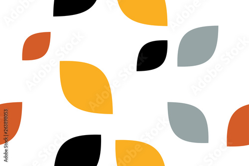 Seamless, abstract background pattern made with curvy drop like shapes in yellow, orange, grey and black colors. Playful, modern vector art.
