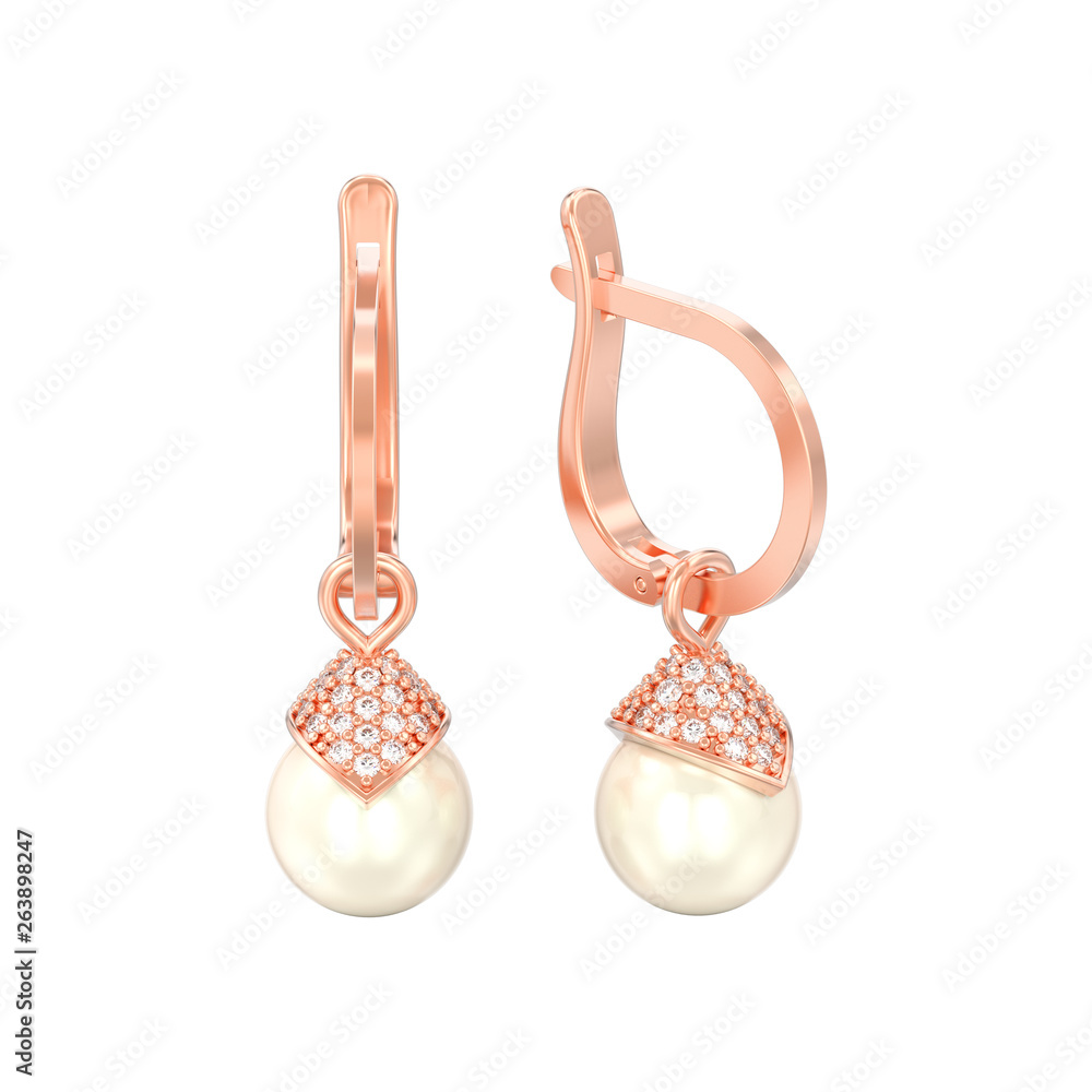 3D illustration isolated red rosr gold pearl diamond earrings with hinged lock 3D illustration isolated red rosr gold pearl diamond earrings with hinged lock