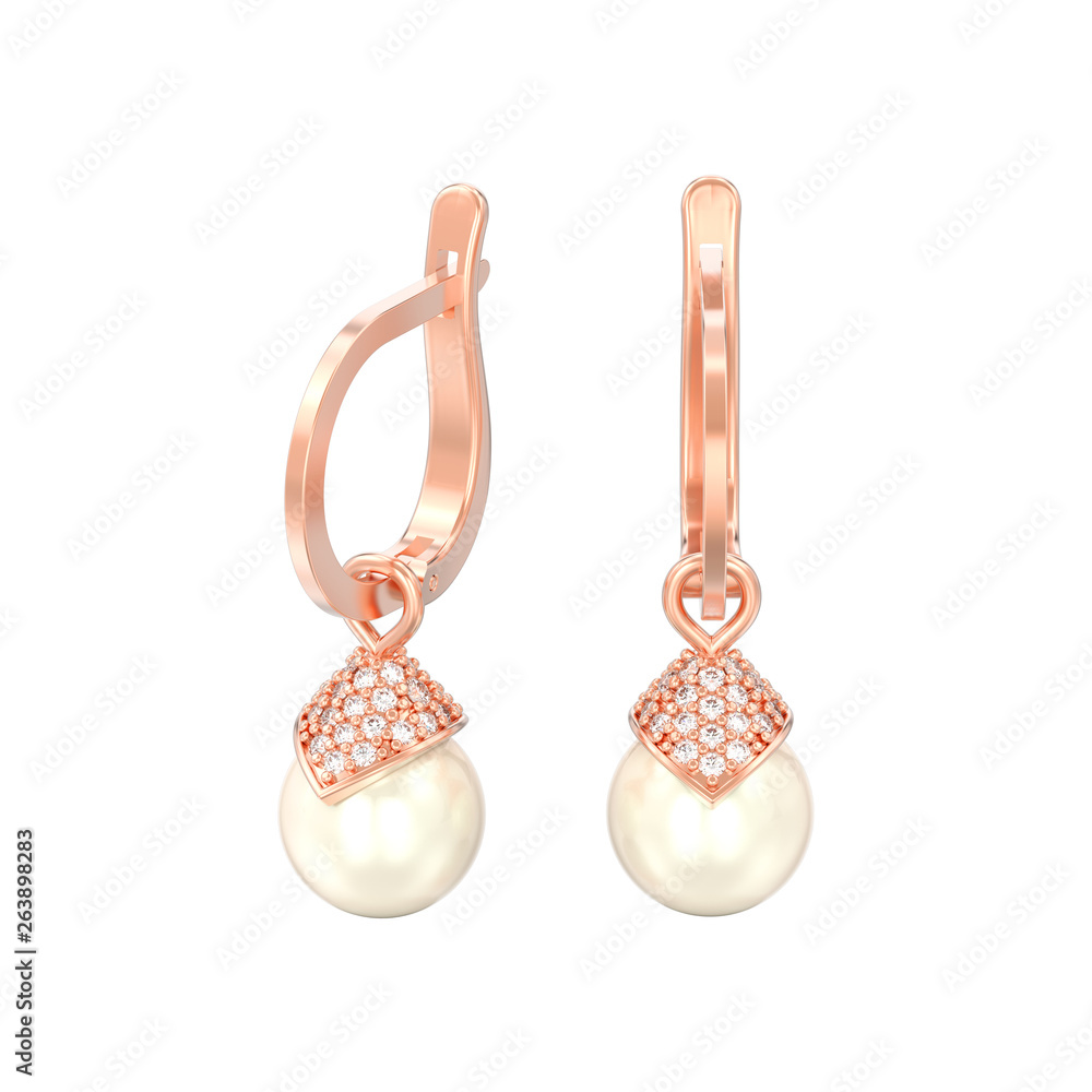 3D illustration isolated red rosr gold pearl diamond earrings with hinged lock 3D illustration isolated red rosr gold pearl diamond earrings with hinged lock