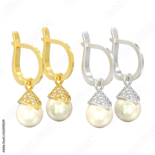 3D illustration isolated two yellow and white gold or silver pearl diamond earrings with hinged lock