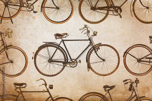 Different vintage rusted bicycles isolated on white