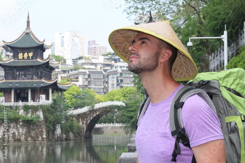 Caucasian tourist in Guyiang, China. photo