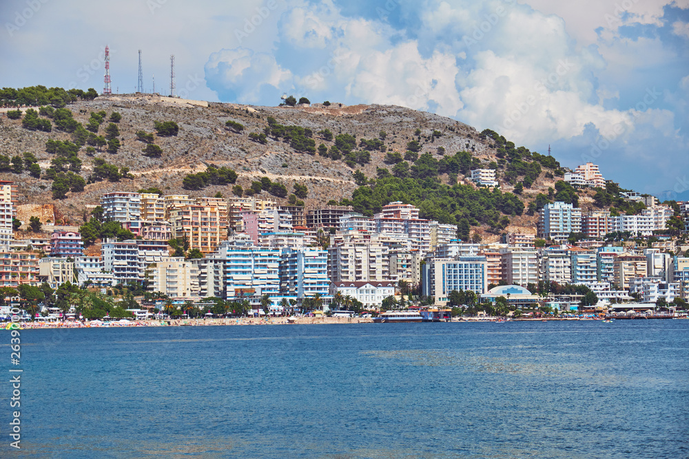 View of the shore of Saranda from the sea during the holiday season. Albania
