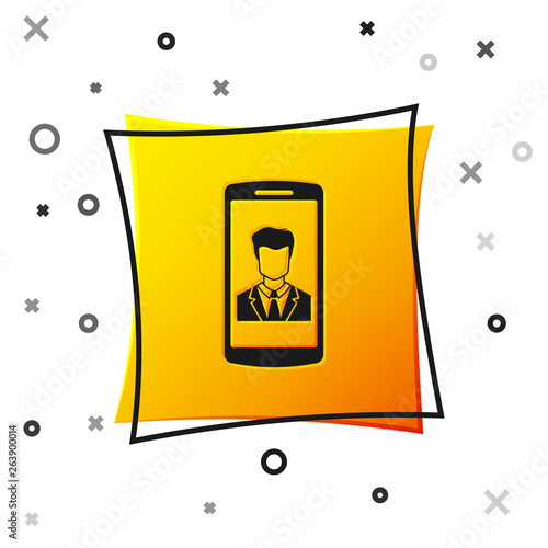 Black Smartphone with contact on screen icon isolated on white background. Incoming call. Human on phone screen. Call contact. Yellow square button. Vector Illustration