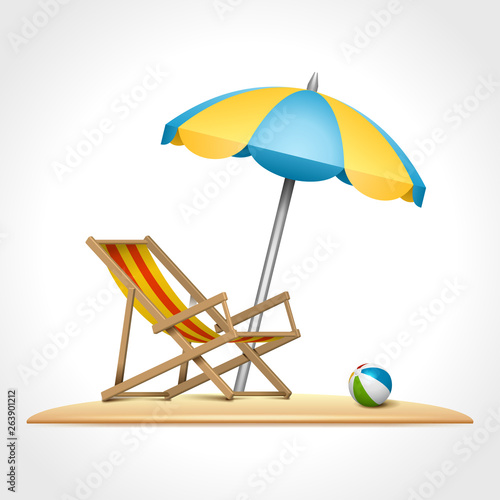 Summer chaise longue chair and umbrella on beach vector illustration.