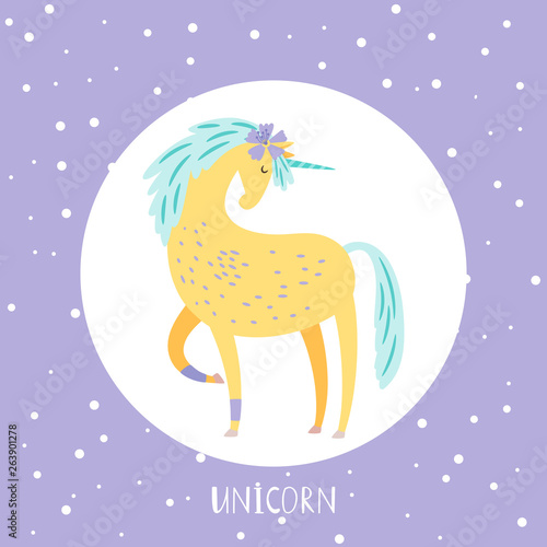Vector cartoon unicorn card design in round. Illustration of horse unicorn, cartoon fairytale animal