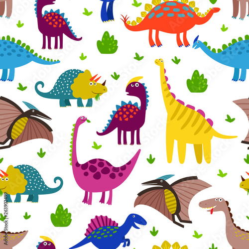 Cute colored dinosaurus seamless pattern vector design. Illustration of seamless background dino  animal dinosaur character
