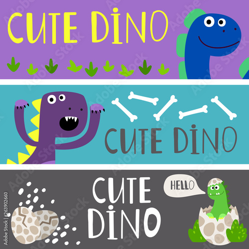 Kids banners template with cute cartoon dinos vector set. Dino prehistoric, born of small reptile monster illustration