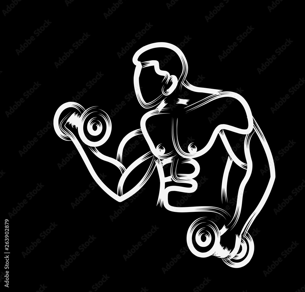 Muscular Man Workout with Barbell Sport and Activity Line art Drawing, Vector Illustration. Muscular Man Workout with Barbell Sport and Activity Line art Drawing, Vector Illustration.