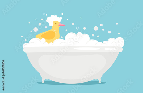 Bathtime vector illustration with soap foam and yellow rubber duck. Bath with foam and toy duck, bubble water foam