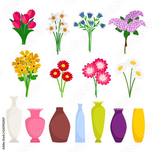 Bouquet maker - different flowers and vases vector elements. Colored bouquet flower blossom illustration