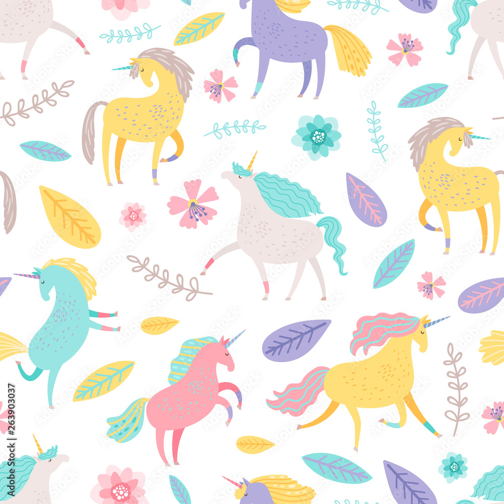 Fairytale unicorn with floral elements vector seamless pattern. Fairytale seamless pattern, cartoon unicorn background illustration Fairytale unicorn with floral elements vector seamless pattern. Fairytale seamless pattern, cartoon unicorn background illustration