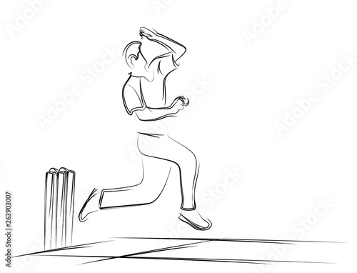 Bowler bowling in cricket championship sports. Line art vector Design.