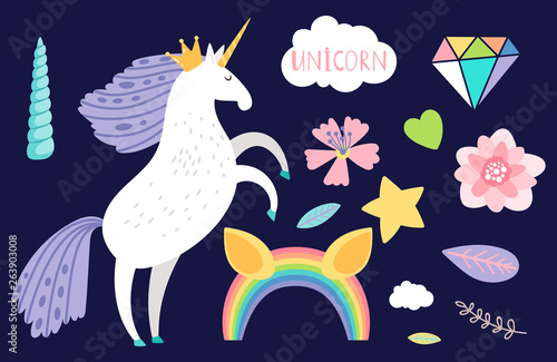 Cartoon unicorn collection accessorises vector illustration. Unicorn and rainbow  collection of sticker