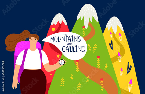 Hiking vector background. Mountains and girl, alpinism concept. Girl trekking with backpack, hiking backpacker illustration