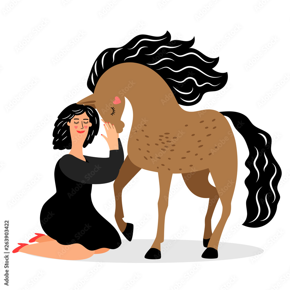 Young woman and horse vector illustration isolated on white. Horse and young  girl, animal stallion and woman Stock Vector | Adobe Stock