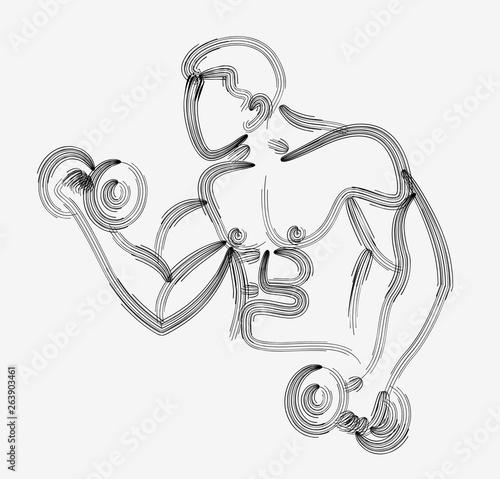Muscular Man Workout with Barbell Sport and Activity Line art Drawing, Vector Illustration.