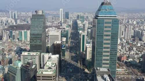 a drone shot in downtown Seoul