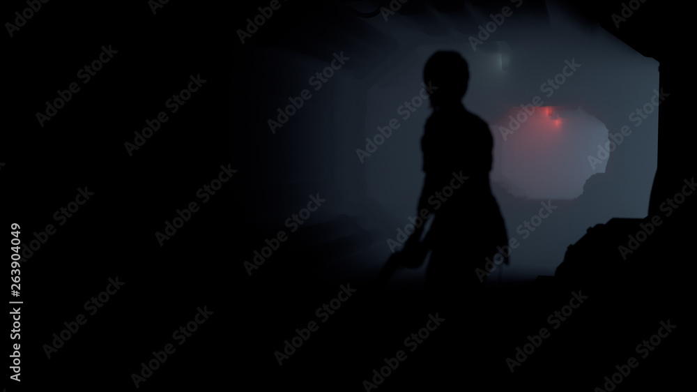 Silhouette of a girl with a gun in her hand walking along a realistic sci-fi dark corridor with red light. 3d rendering of a cyberpunk tunnel in the fog. Illustration of an empty corridor in spaceship
