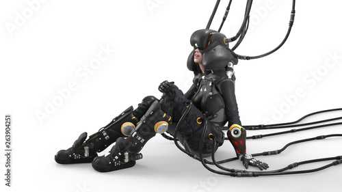 Diving deep into virtual reality. A young girl is sitting on the floor wearing a futuristic VR helmet. Many wires are connected to a sci-fi female costume. Girl pilot. Cyber technology. 3d rendering.