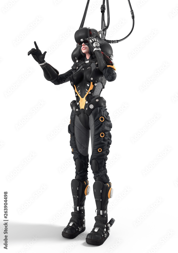 Diving deep into virtual reality. Young woman pilot in futuristic VR helmet stands on the floor with her hands touching the air. Many wires are connected to the helmet. 3d render on white background. Diving deep into virtual reality. Young woman pilot in futuristic VR helmet stands on the floor with her hands touching the air. Many wires are connected to the helmet. 3d render on white background.