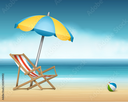 Summer chaise longue chair and umbrella on beach vector illustration.