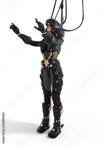 Diving deep into virtual reality. Young woman pilot in futuristic VR helmet stands on the floor with her hands touching the air. Many wires are connected to the helmet. 3d render on white background.