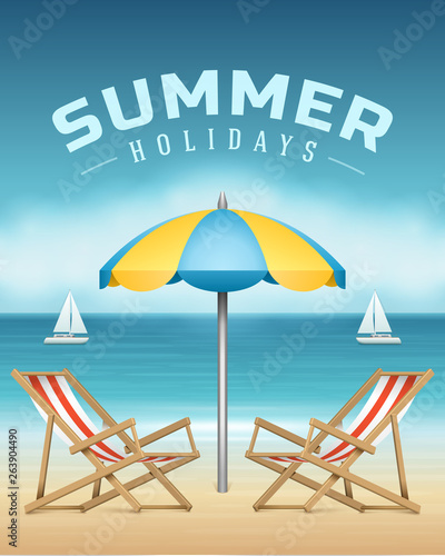 Summer chaise longue chair and umbrella on beach vector illustration.