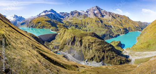 Panoramic view over the High Mountain Reservoirs at Mooserboden near Kaprun, Salzburg, Austria photo