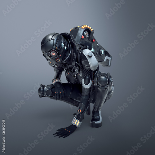 Foto Science fiction cyborg female squatting putting her palm on the floor