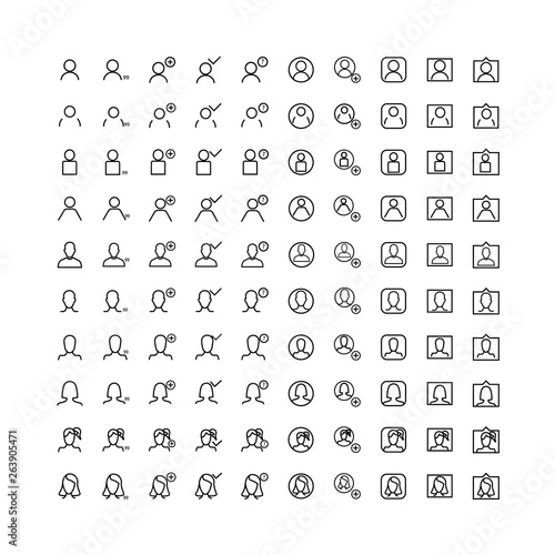 Set icons thin line of user interface and avatars for website and UI/UX. Outline. Diverse men and women avatar icons