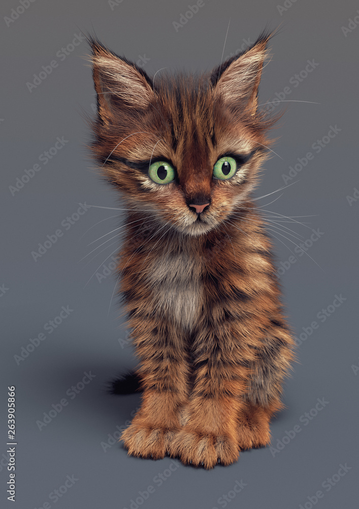 Cute striped kitten looks away with wide open green eyes. Glorious striped cat sits on the floor and looks very curious. Brown mackerel tabby cat with white chest. 3d rendering on a gray background.