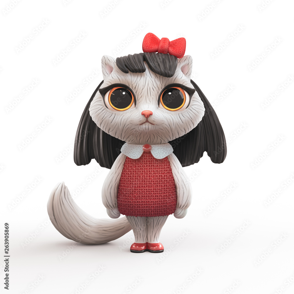 3d cartoon character of a little cute girl kitty with long black hair in  red dress.