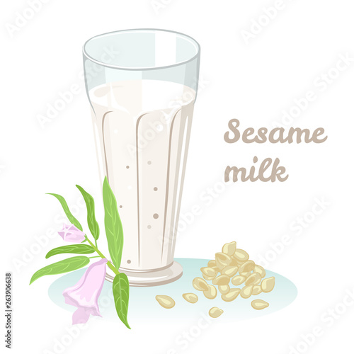 Sesame milk in a glass with a green branch of a plant and seeds. Vector illustration of a healthy vegan drink in cartoon simple flat style.