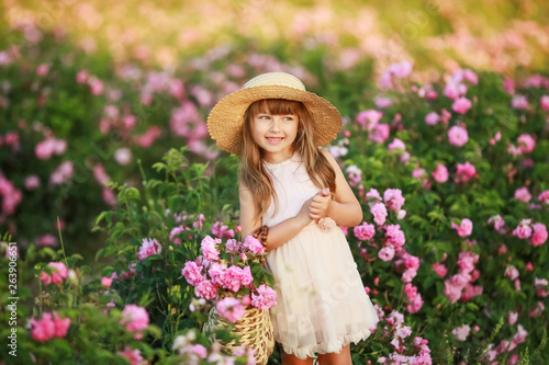 A little girl with beautiful long blond hair, dressed in a light dress and a wreath of real flowers on her head, in the garden of a tea rose