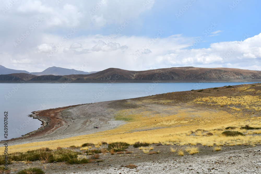 Great lakes of Tibet. Lake Rakshas Tal (Langa-TSO) in summer in cloudy day