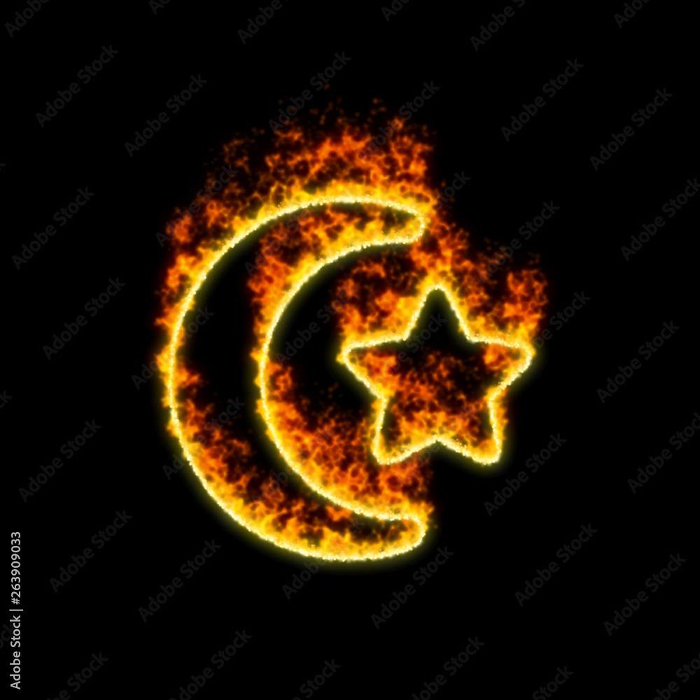 Fototapeta premium The symbol star and crescent burns in red fire