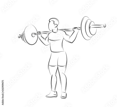 Strong bodybuilder sportsman lifting heavyweight barbell over his head, Flat Line Art Design.